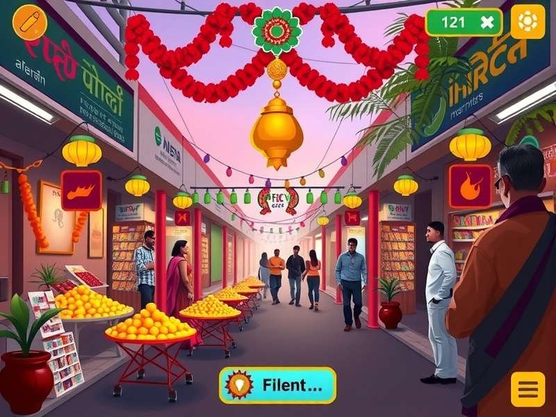Spicy Garland Quest gameplay screenshot showing vibrant Indian marketplace